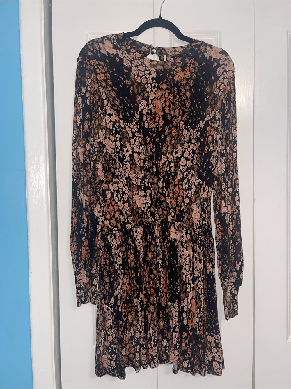 Free People Floral Long Sleeve Black & Rust Brown Mini Dress